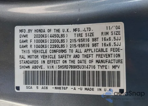 2005 Honda Cr-V Se from USA, damaged, VIN SHSRD789X5U314716